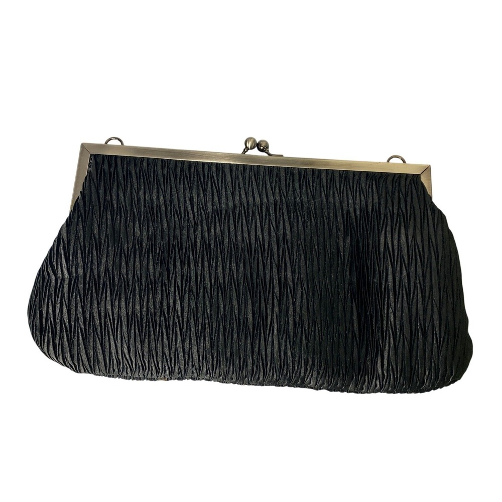 Black Pleated Satin Evening Clutch Purse Kiss Lock Frame Formal Handbag